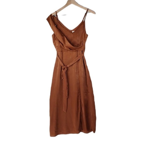J.O.A. Anouk Satin Draped Shoulder Midi Dress S Side Slit Strappy Cocktail Brown - Picture 3 of 12